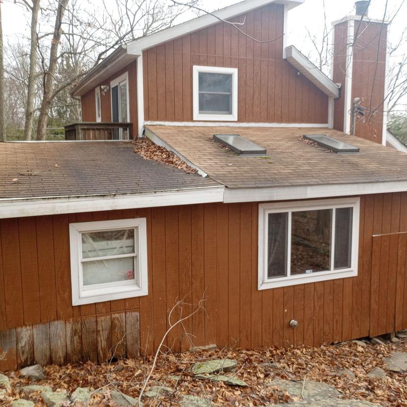 Shingle roof with skylights and leaf buildup on house