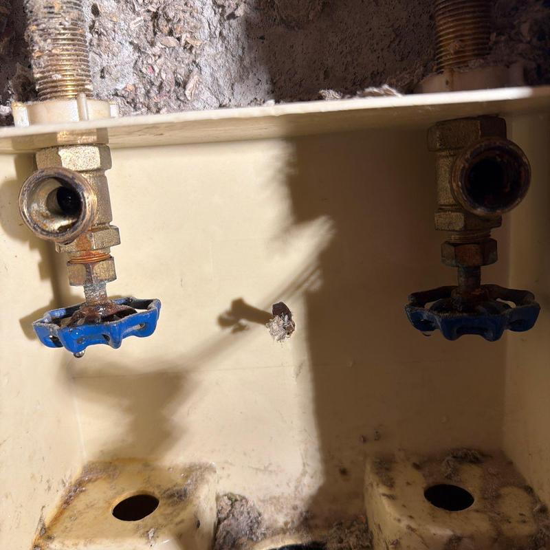 Gate valves with blue handles on pipe system