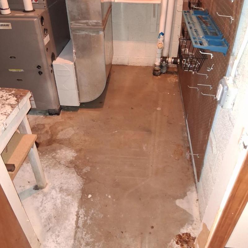 Basement floor water stains near furnace and plumbing