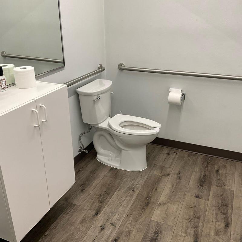Handicap height toilet with stainless grab bars Handicap height toilet with stainless grab bars