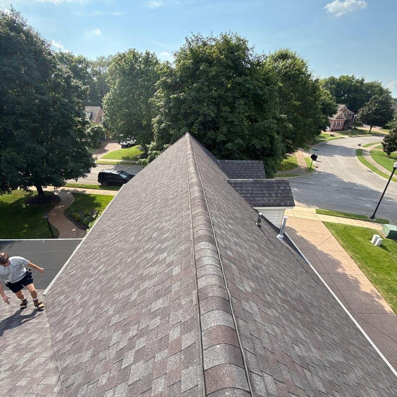 Architectural shingle roof with ridge cap and surrounding trees