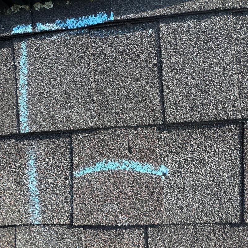 Architectural roof shingles with hail damage marked