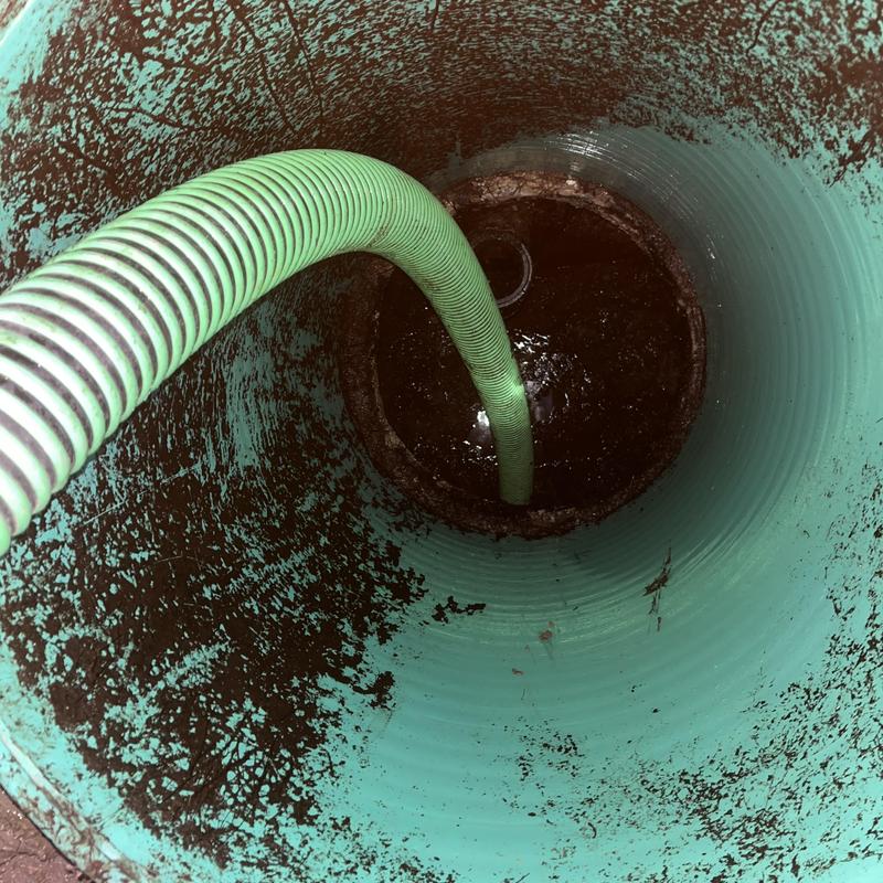 Septic tank interior with hose pumping out sewage