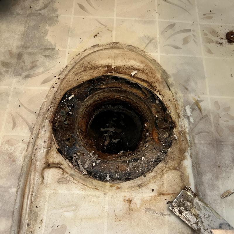 Toilet flange with corrosion on vinyl floor