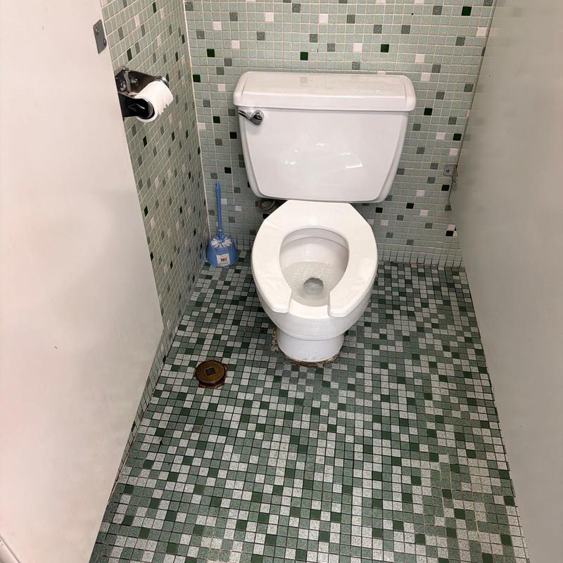 Toilet and tiled floor in men's restroom stall