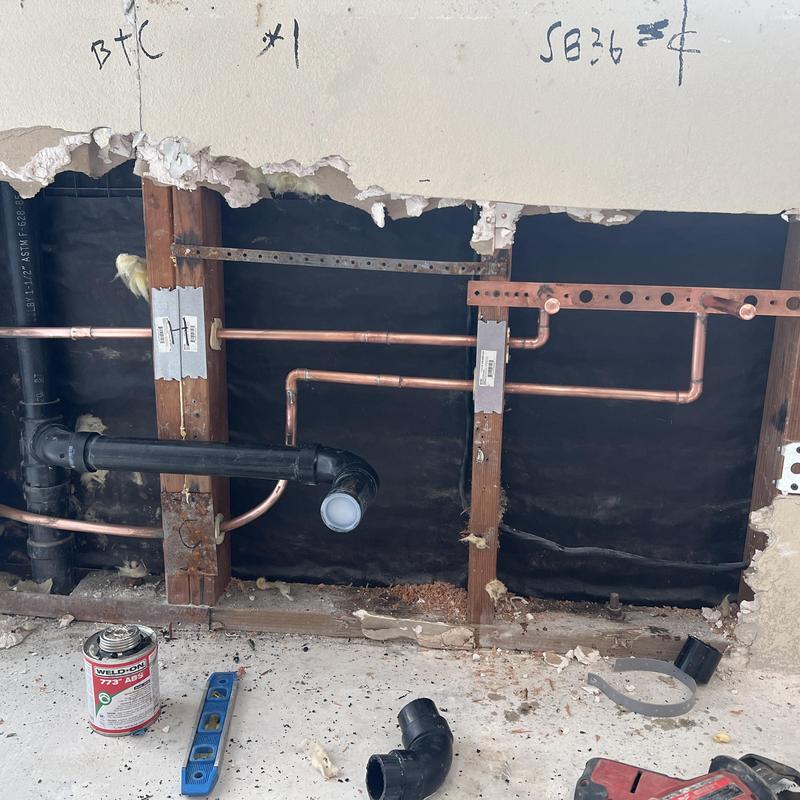 Copper kitchen plumbing rough-in with gas valve installation