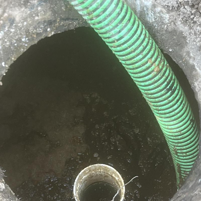 Septic tank pump-out with green suction hose