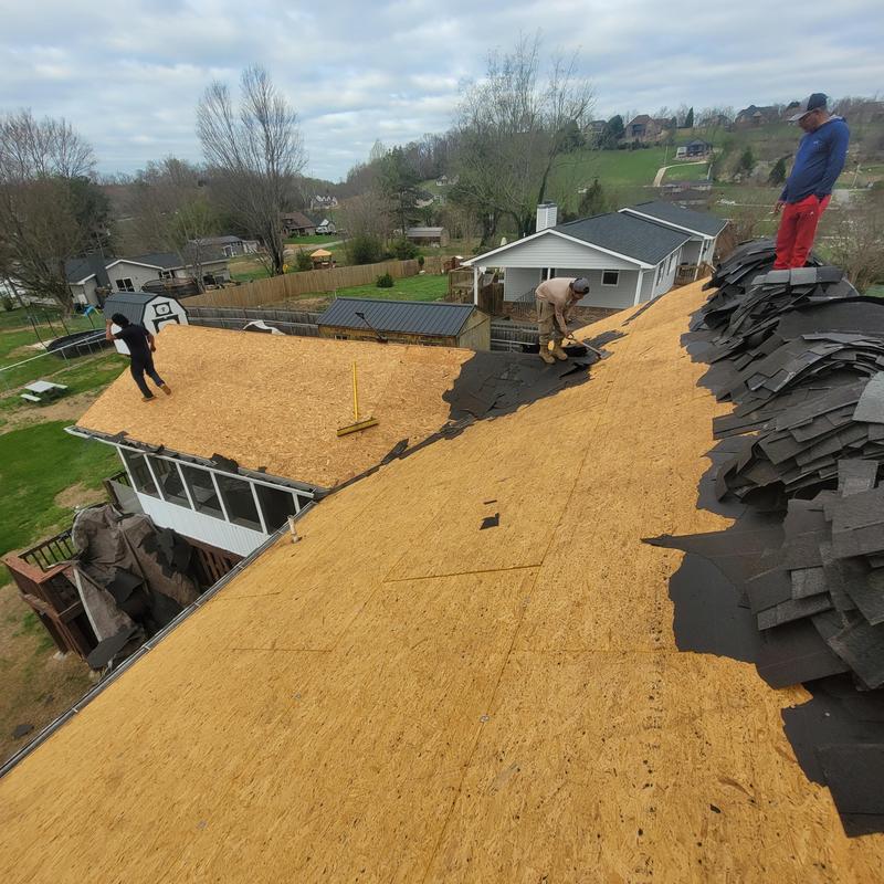 Roof decking with old shingles being removed