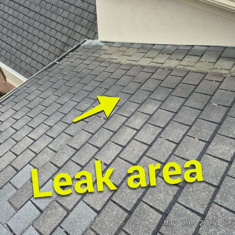 Roof shingle leak area highlighted on sloped roof