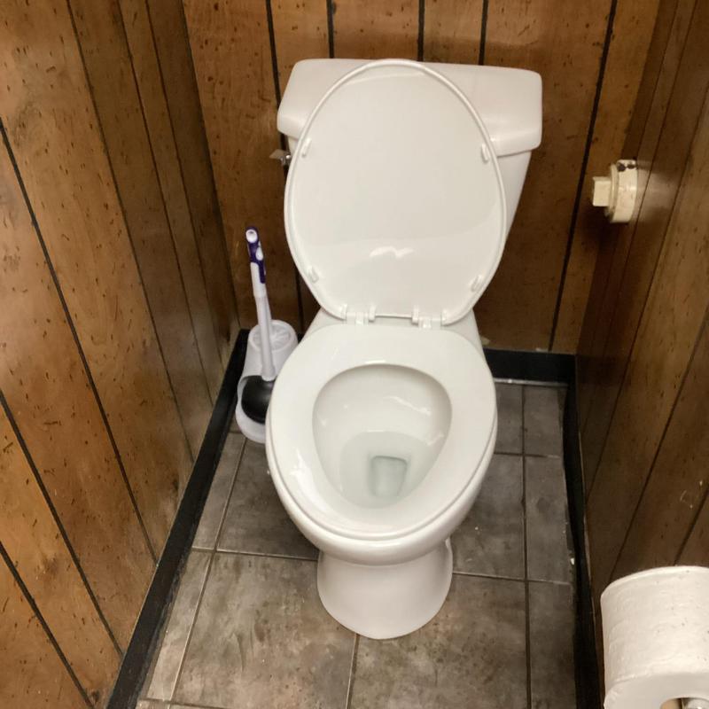 Toilet replacement in small wood-paneled bathroom
