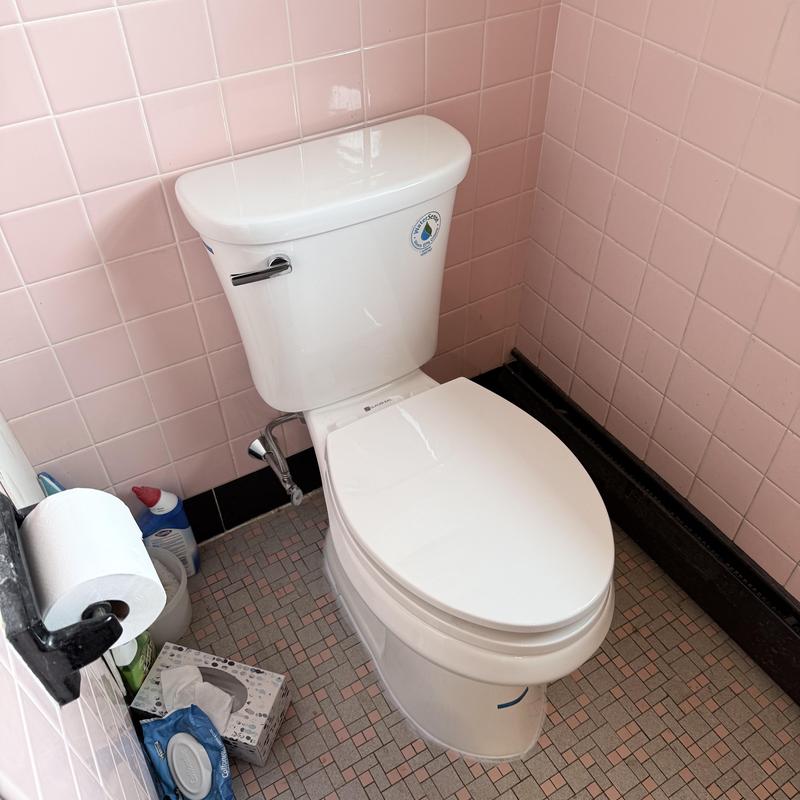 Toilet replacement in bathroom with pink tile walls