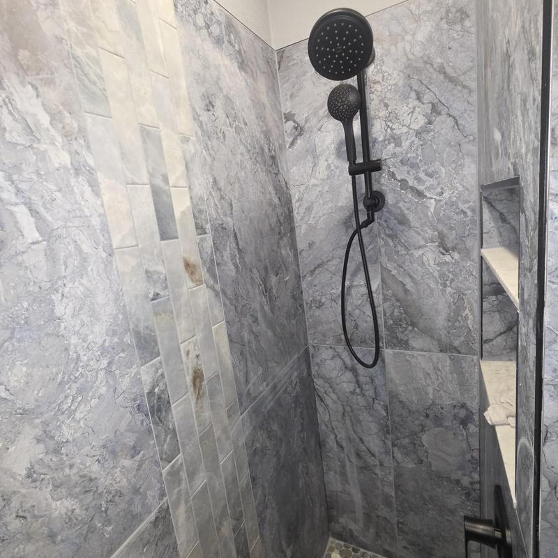 Shower trim installation with handheld showerhead and tile walls
