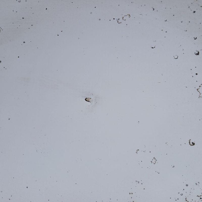 TPO roofing membrane puncture with surrounding dirt spots