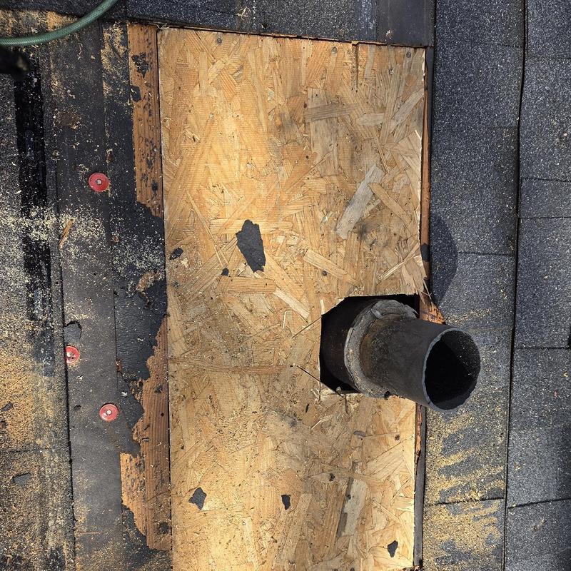 Roof decking replacement around pipe boot and shingles