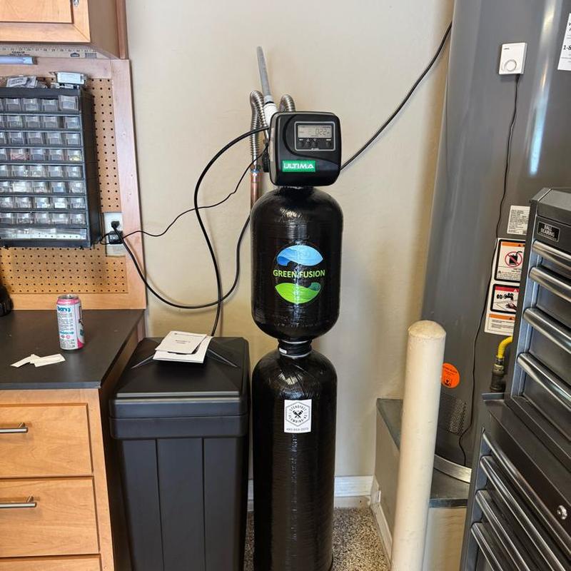 Green Fusion 1000 water softener installation with salt basin