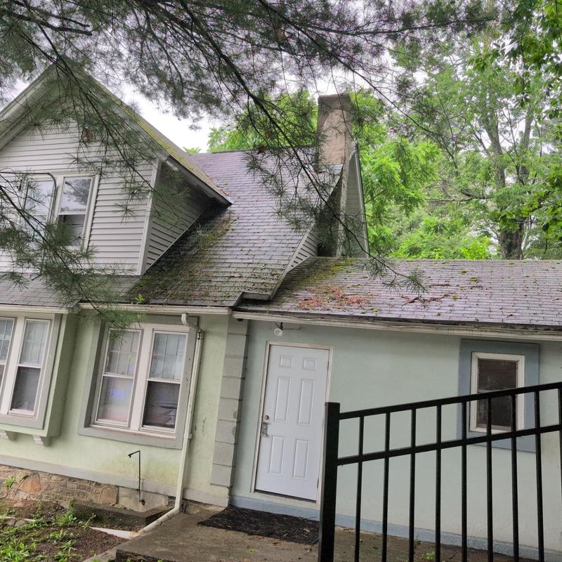 Asphalt shingle roof with moss and debris buildup