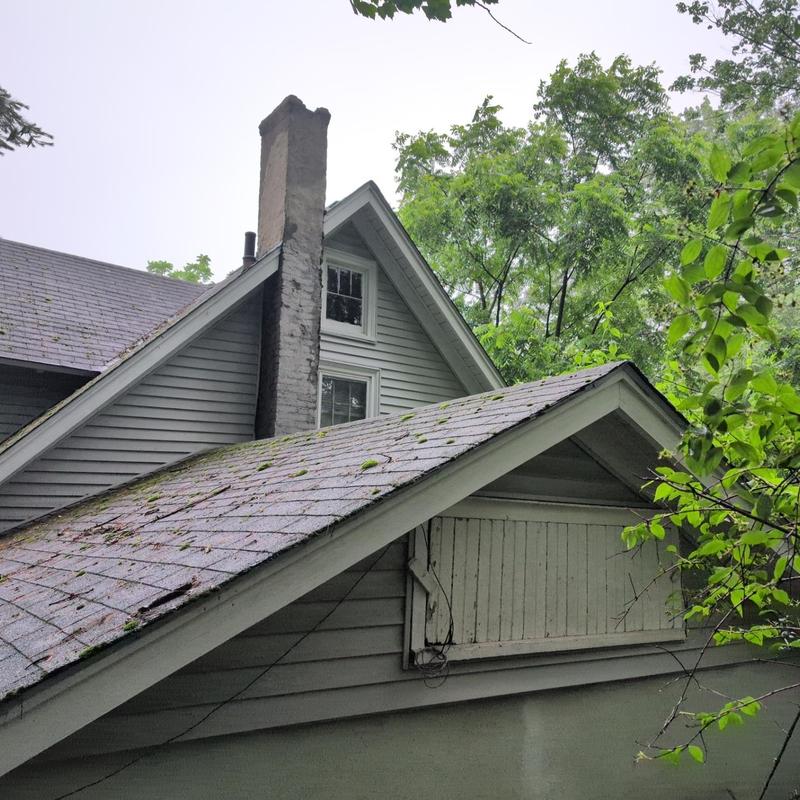 Asphalt shingle roof with moss and debris buildup