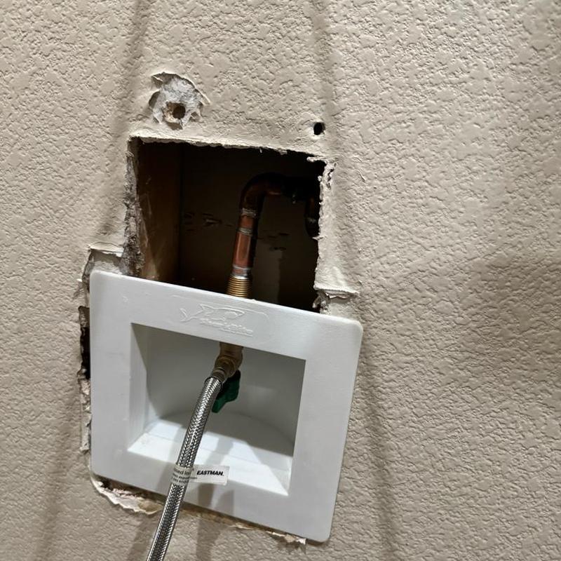 Ice maker box installation with copper valve and drywall trim