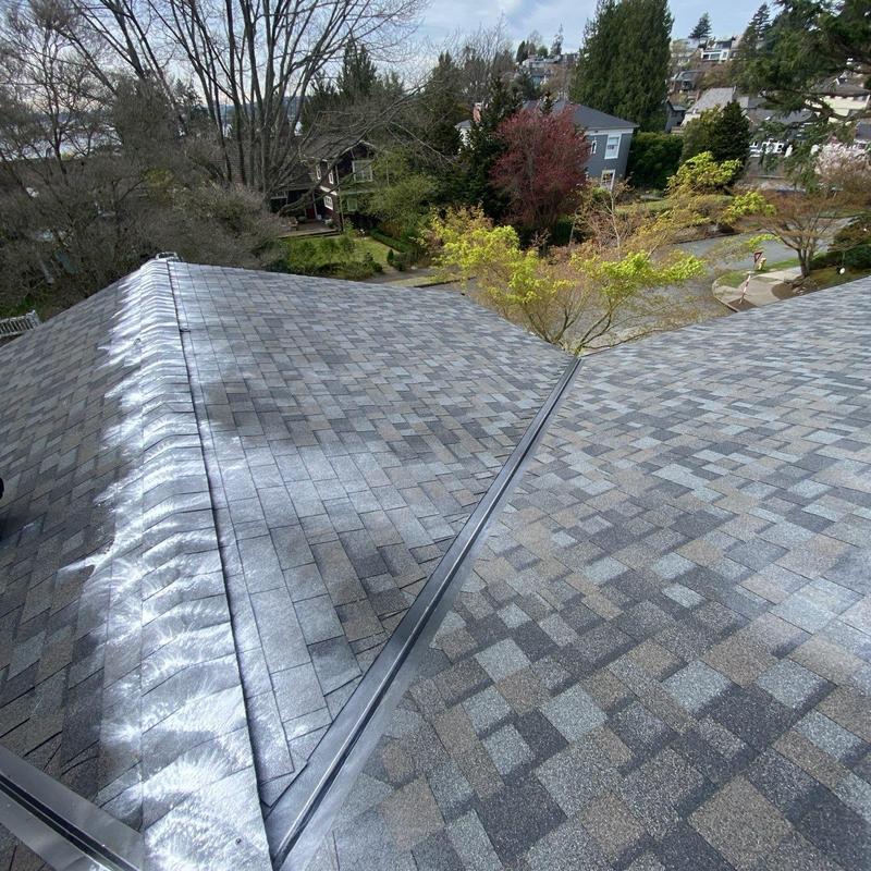 Asphalt shingle roof with clean gutters and flashing