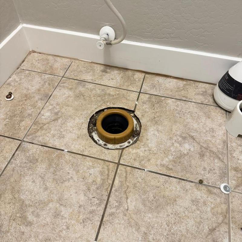 Toilet flange and wax ring replacement area on tiled floor