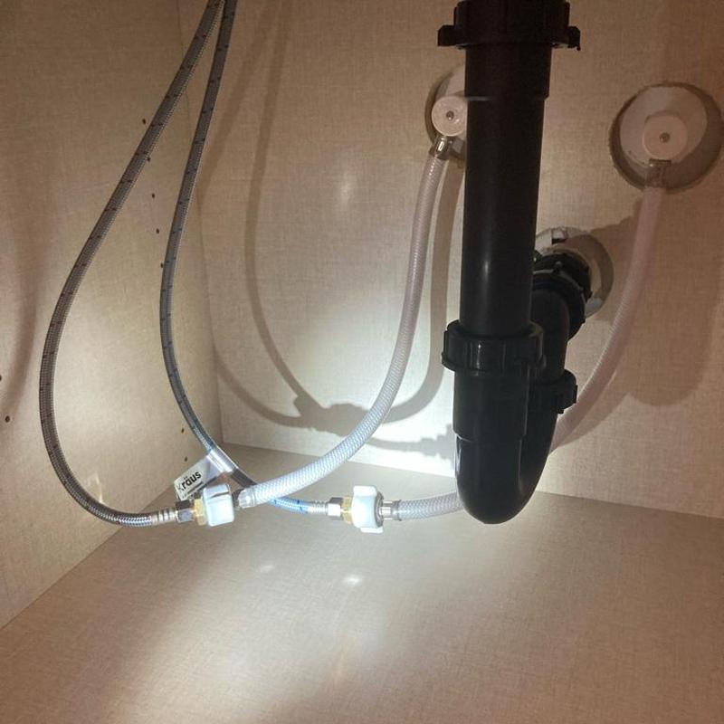 Faucet water lines with adapter and drain hookup under sink