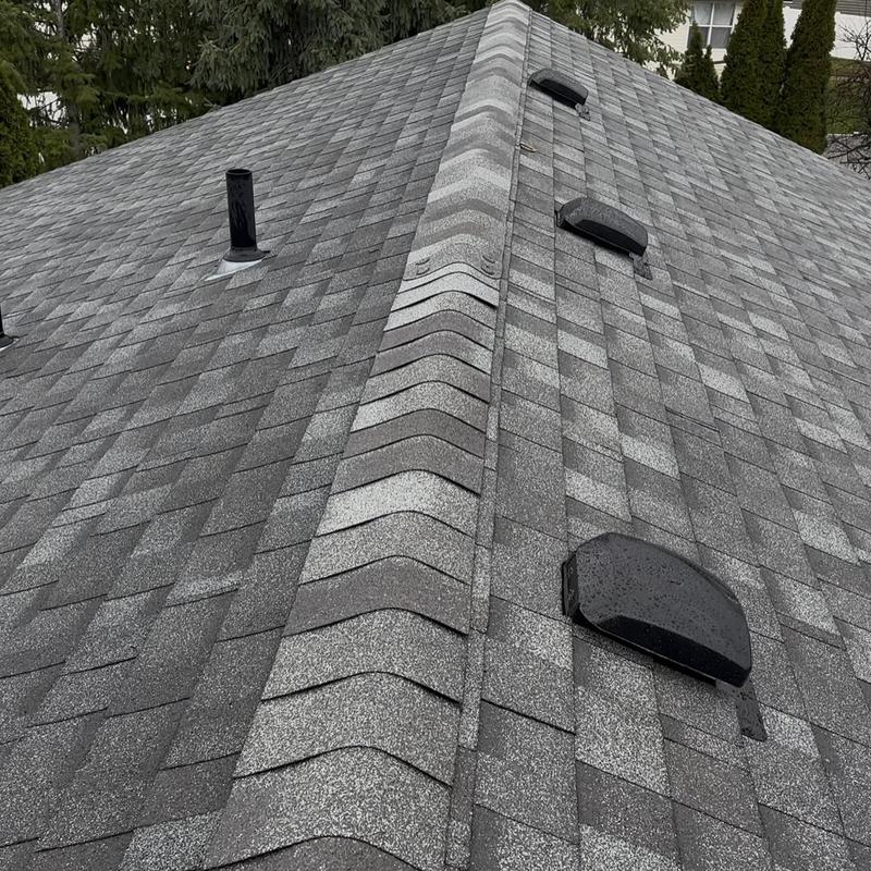 Gray asphalt shingle roof with ridge vent and vents