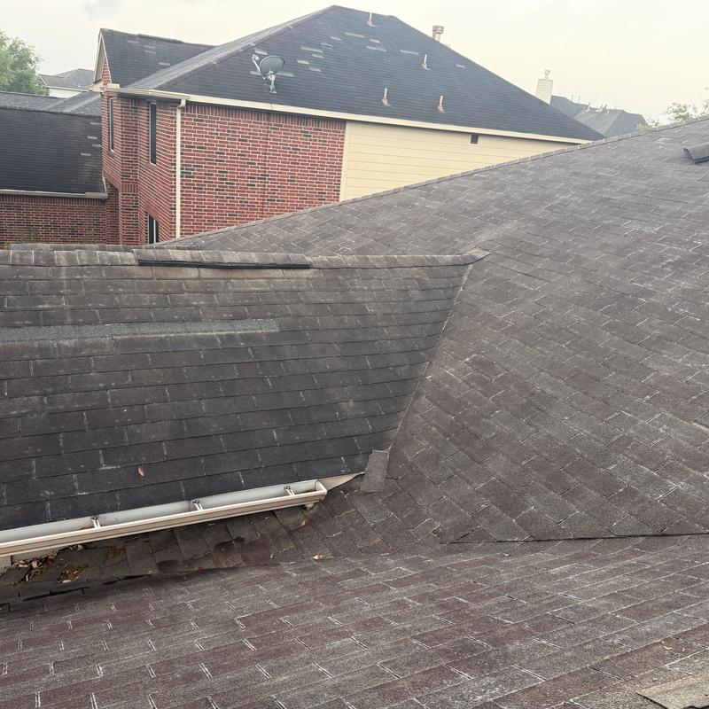 Asphalt shingle roof showing wear and gutter buildup