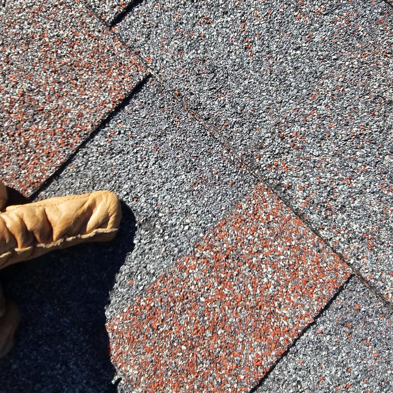 Asphalt roof shingles with hail damage and inspection glove