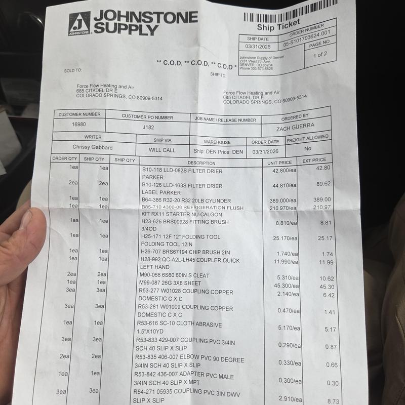 R32 20LB Cylinder and Filter Drier Order Ticket