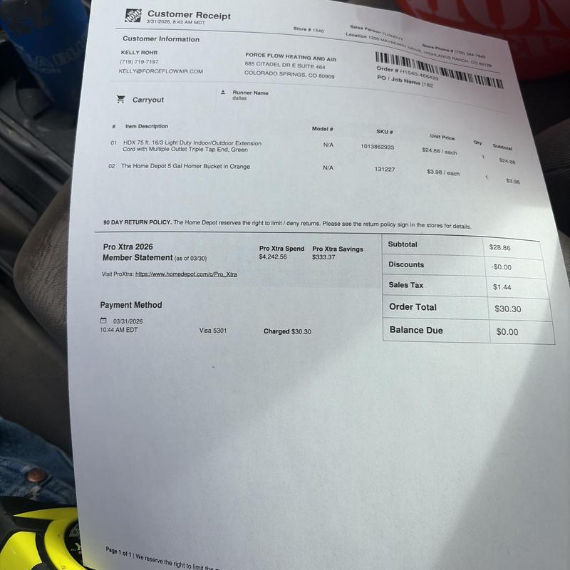 Light duty indoor/outdoor extension cord and bucket purchase receipt