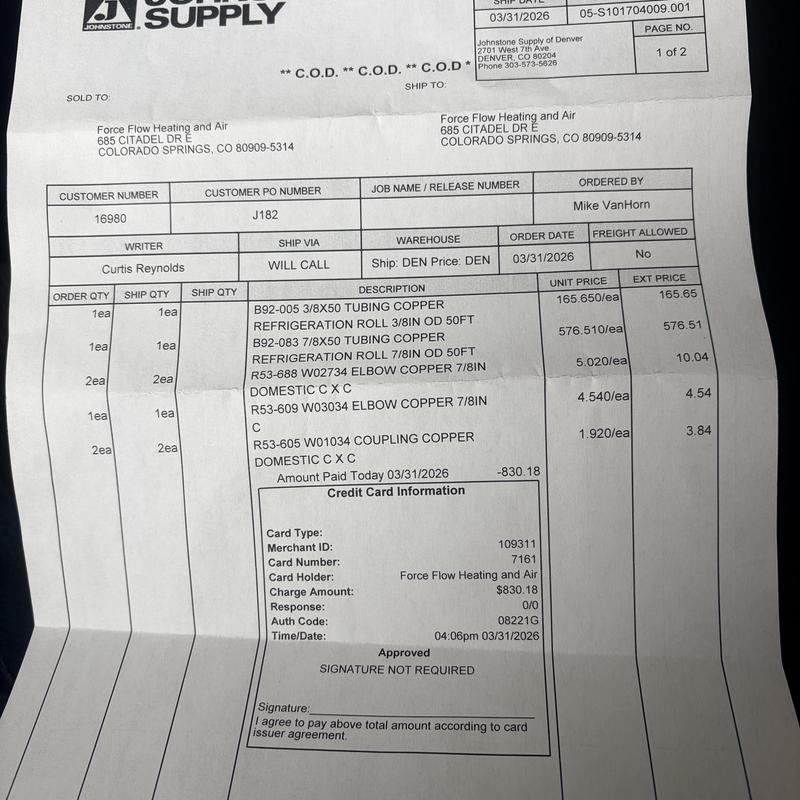 Copper refrigeration tubing and elbows order invoice