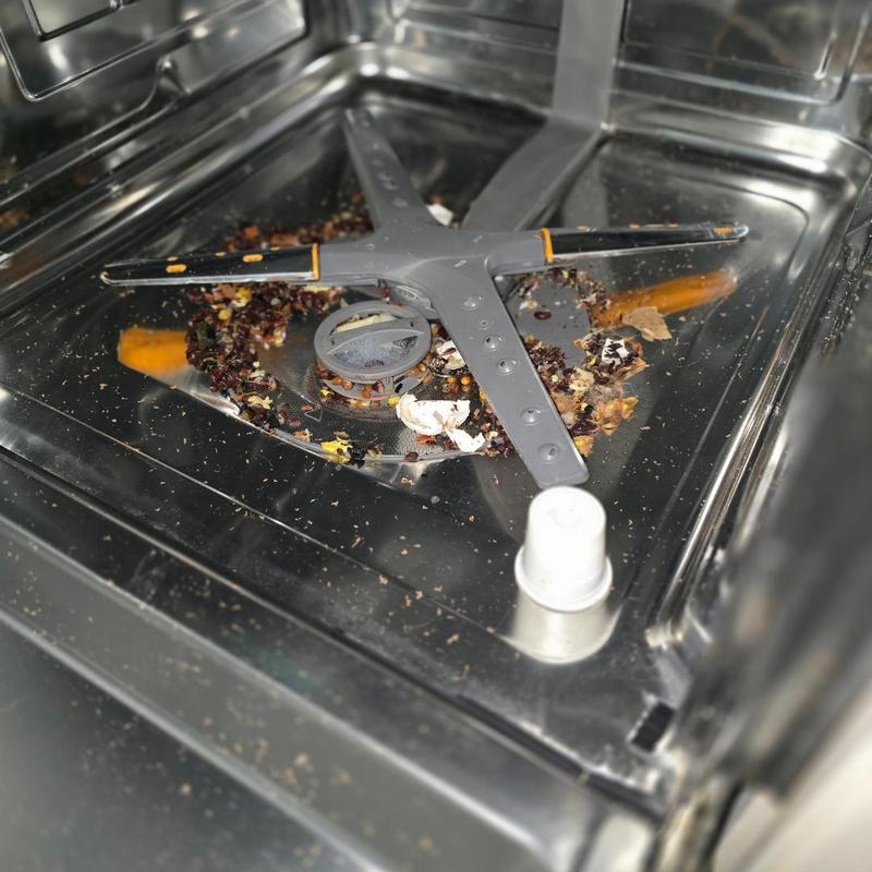 Dishwasher interior with food debris and dirty spray arm