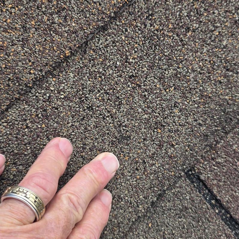 Asphalt shingle close-up showing hail damage texture