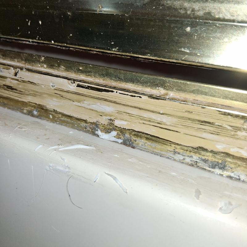 Shower door frame with damaged caulk and trim paint