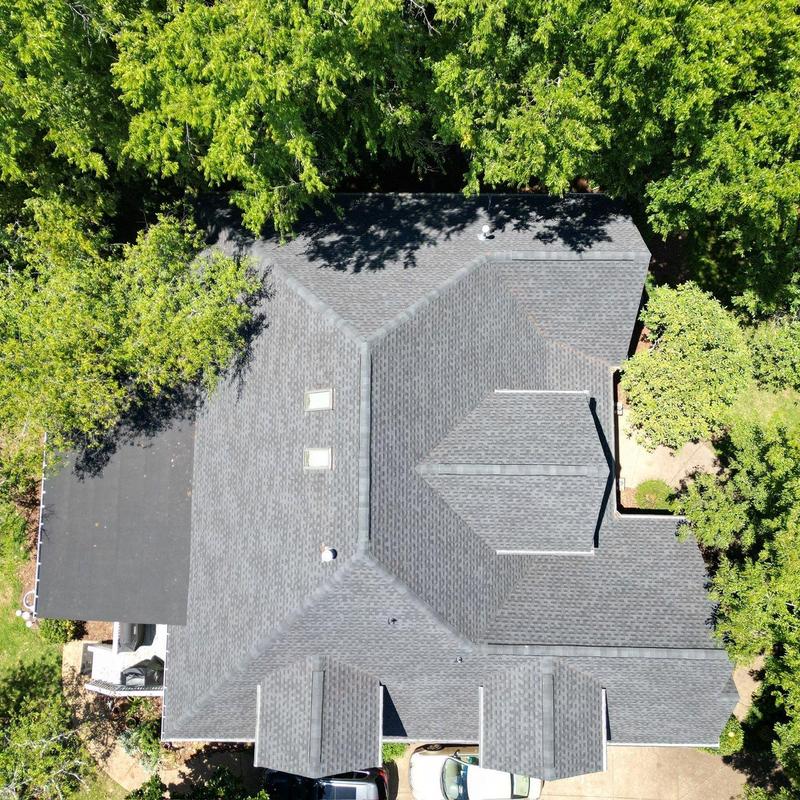 Architectural shingle roof with ridge and flashing areas
