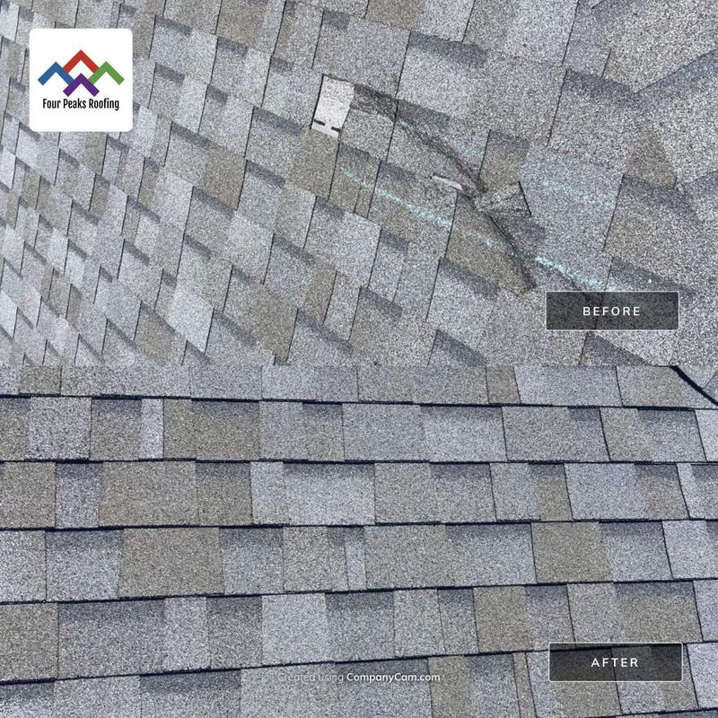 Shingle roof damage and replacement before and after
