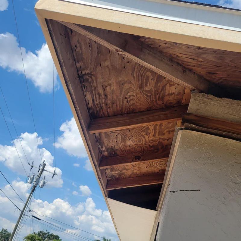 Damaged plywood decking under removed soffit panels