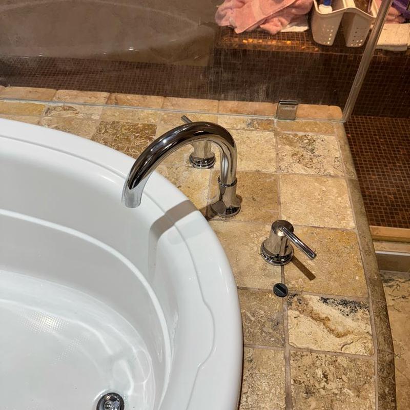 Bathtub faucet and drain stopper with trim installed