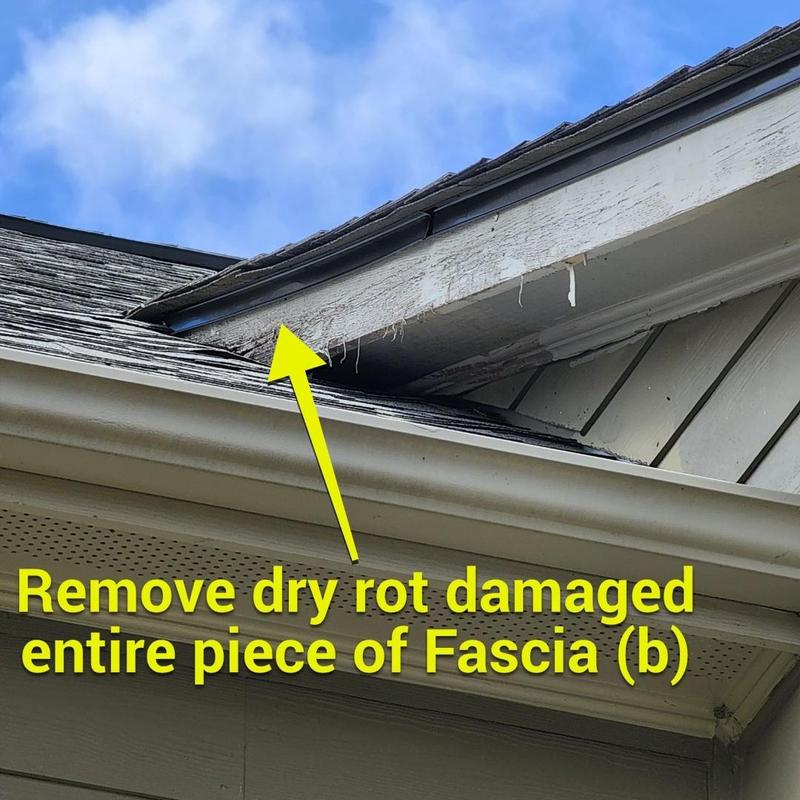 Dry rot damaged fascia board on roof edge Dry rot damaged fascia board on roof edge