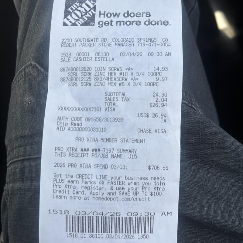 Zinc hex screws purchase receipt from Home Depot
