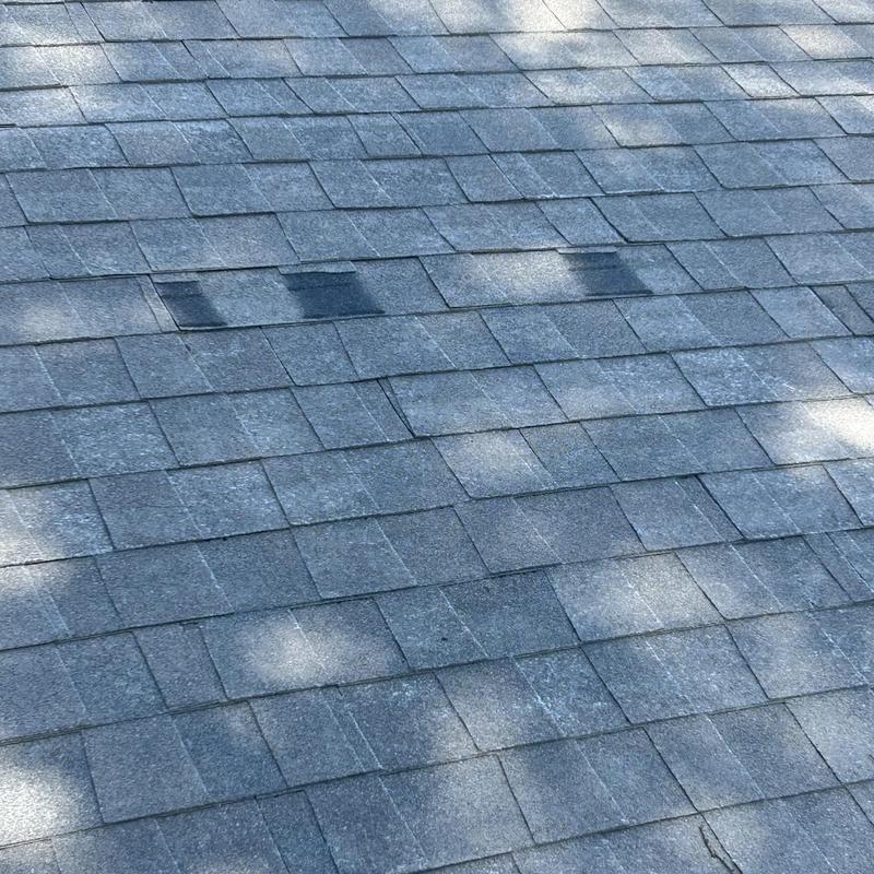Asphalt roof shingles with dark damage spots