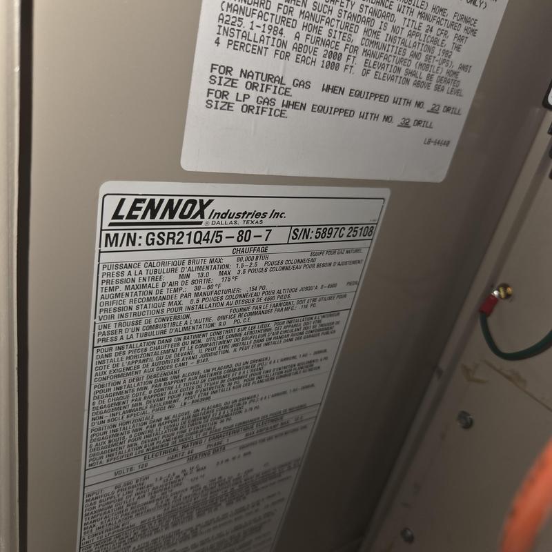 Lennox furnace model GSR2104 label close-up