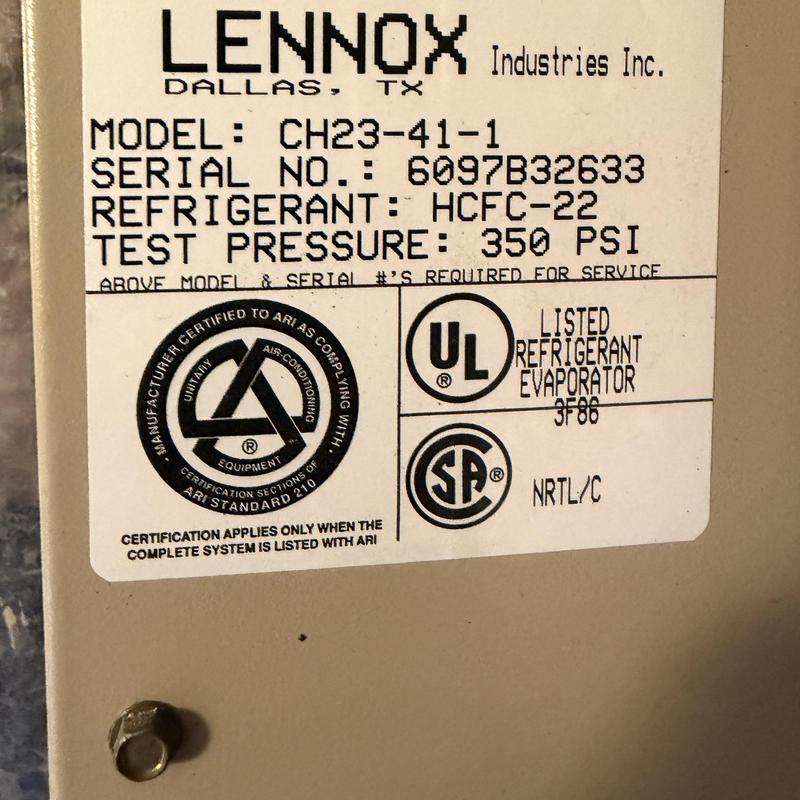 Lennox air conditioner model CH23-41-1 label close-up