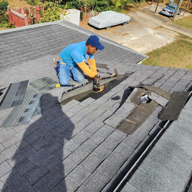 Pipe boot flashing roof repair with shingle replacement