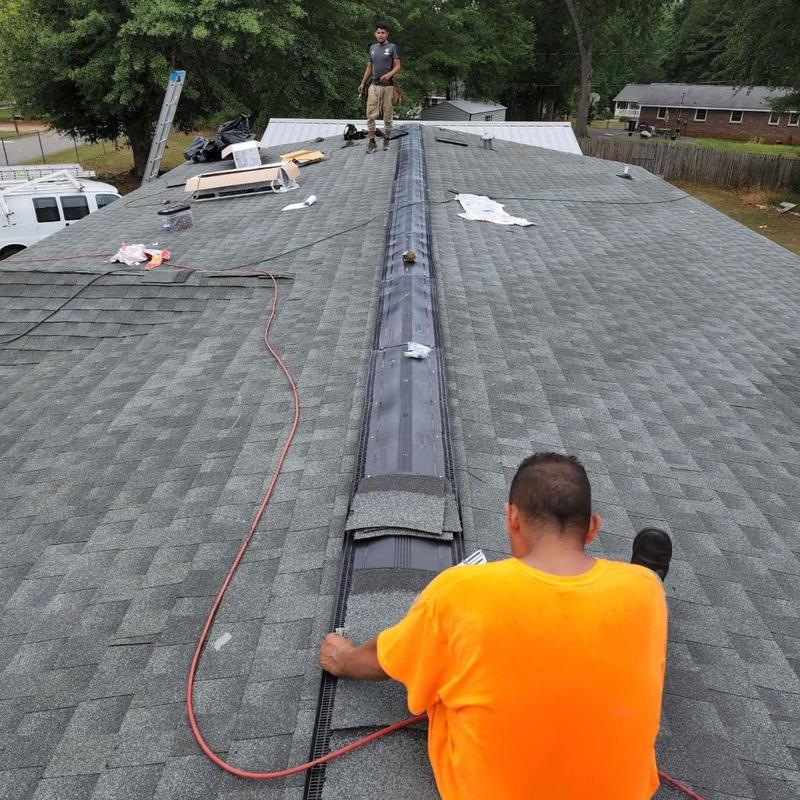 GAF shingle roof installation with ridge vent in Spartanburg