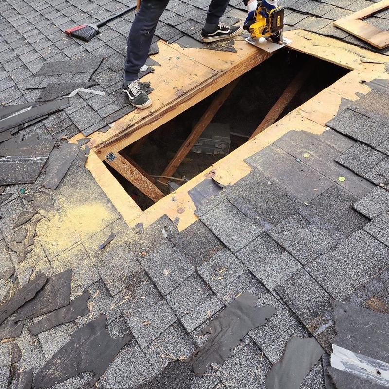 Roof dry rot wood removal and shingle replacement