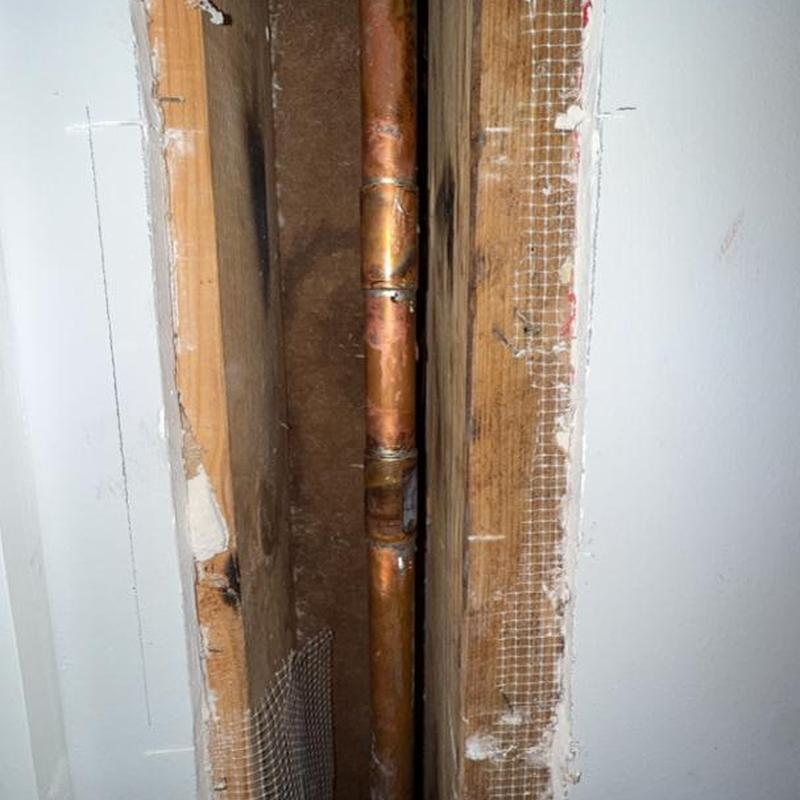 Copper water pipe in wall cavity with patch mesh