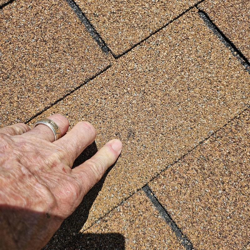 Asphalt shingle roofing with hail damage mark