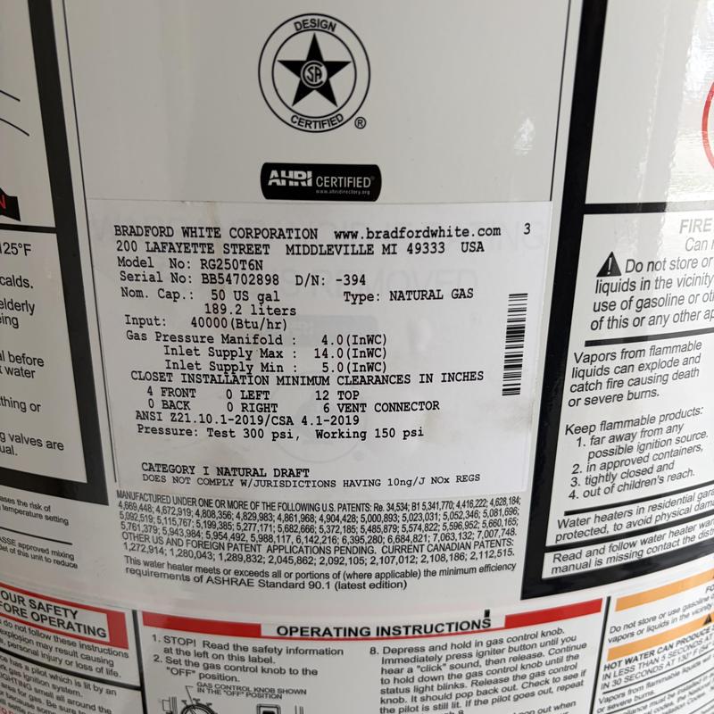 Gas water heater label with model and specs Gas water heater label with model and specs