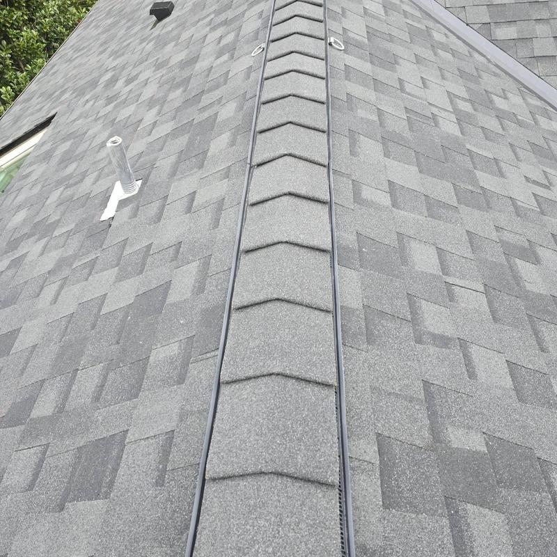 Asphalt shingle roof with ridge cap and vent pipe